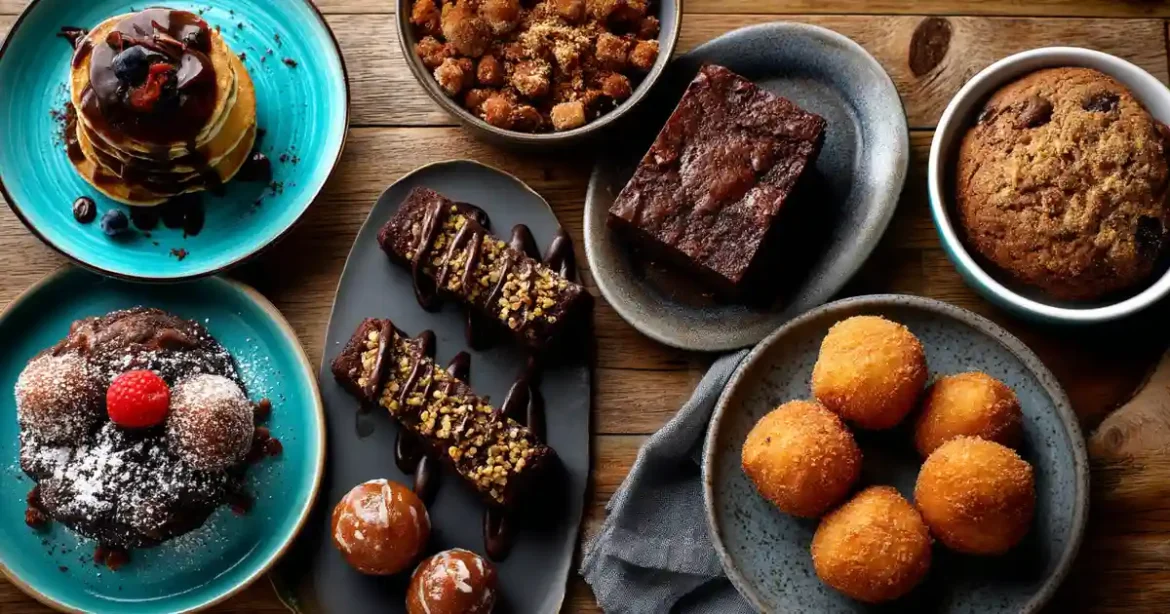 Vue du dessus de 7 desserts Airfryer maison servis sur une table en bois : brownies, pancakes, donuts, beignets aux pommes, banane rôtie, pain perdu, cookie géant