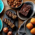 Vue du dessus de 7 desserts Airfryer maison servis sur une table en bois : brownies, pancakes, donuts, beignets aux pommes, banane rôtie, pain perdu, cookie géant