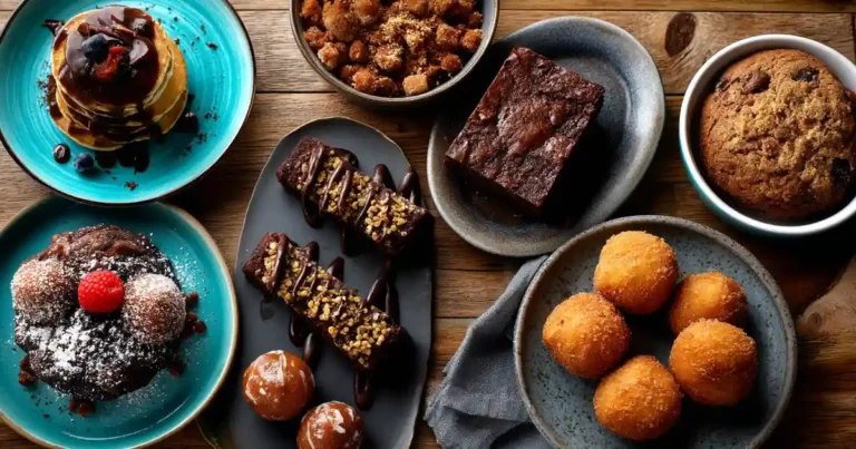 Les 10 desserts Airfryer bluffants à faire en moins de 20 minutes (testés en famille) Vue du dessus de 7 desserts Airfryer maison servis sur une table en bois : brownies, pancakes, donuts, beignets aux pommes, banane rôtie, pain perdu, cookie géant