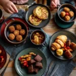 Assortiment de 7 plats faits à l’Airfryer présentés sur une table en bois, adaptés aux enfants : nuggets, pancakes, brownies, muffins, croquettes, beignets à la banane et croissants au jambon.