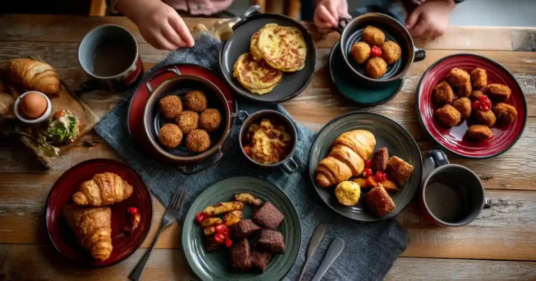 Assortiment de 7 plats faits à l’Airfryer présentés sur une table en bois, adaptés aux enfants : nuggets, pancakes, brownies, muffins, croquettes, beignets à la banane et croissants au jambon.