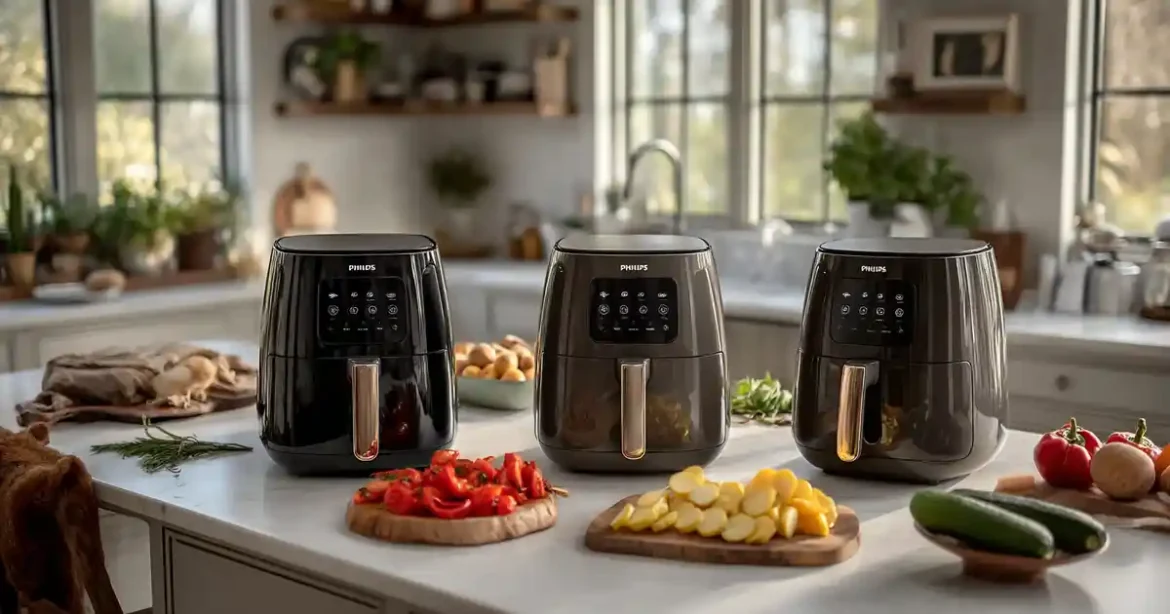 Plusieurs modèles Philips Air Fryer 2025 sur un plan de travail blanc dans une cuisine moderne et lumineuse, avec des légumes frais autour
