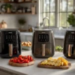 Plusieurs modèles Philips Air Fryer 2025 sur un plan de travail blanc dans une cuisine moderne et lumineuse, avec des légumes frais autour